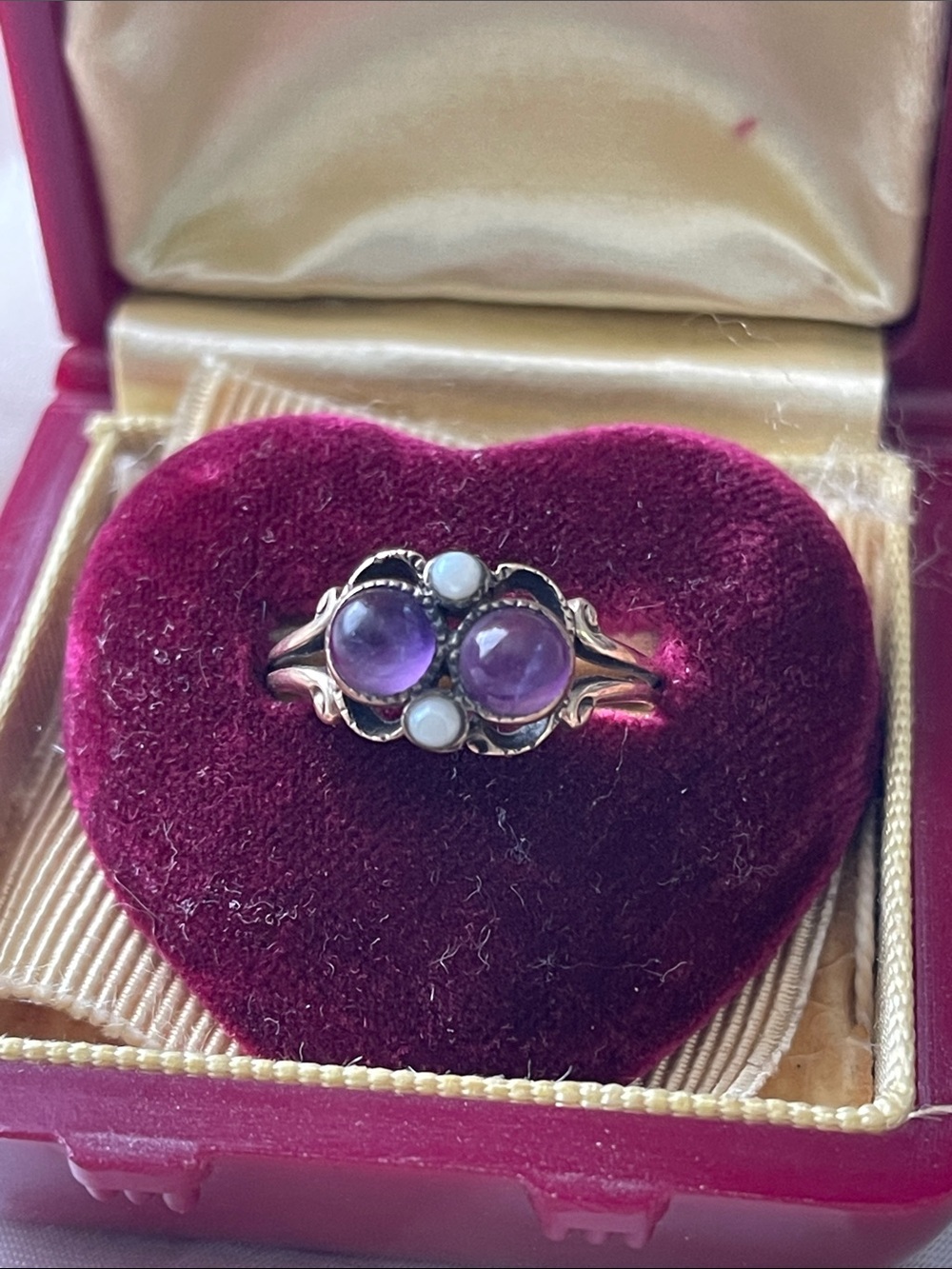 14k gold Victorian-Style Amethyst and Opal Two-Stone Ring - Pink/Purple